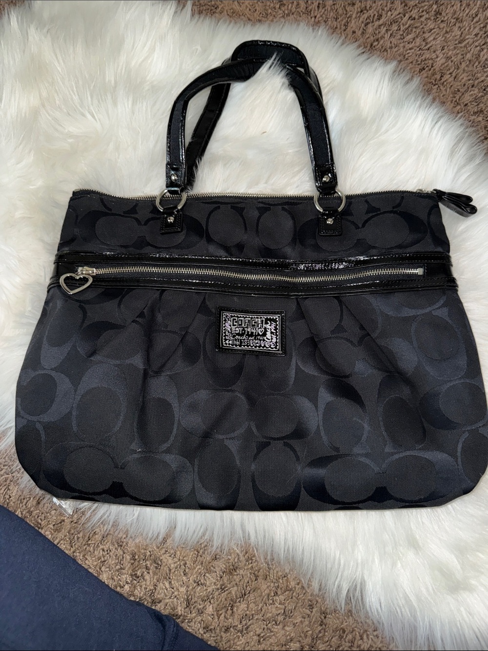 Coach Black Signature C Tote with Heart Charm
